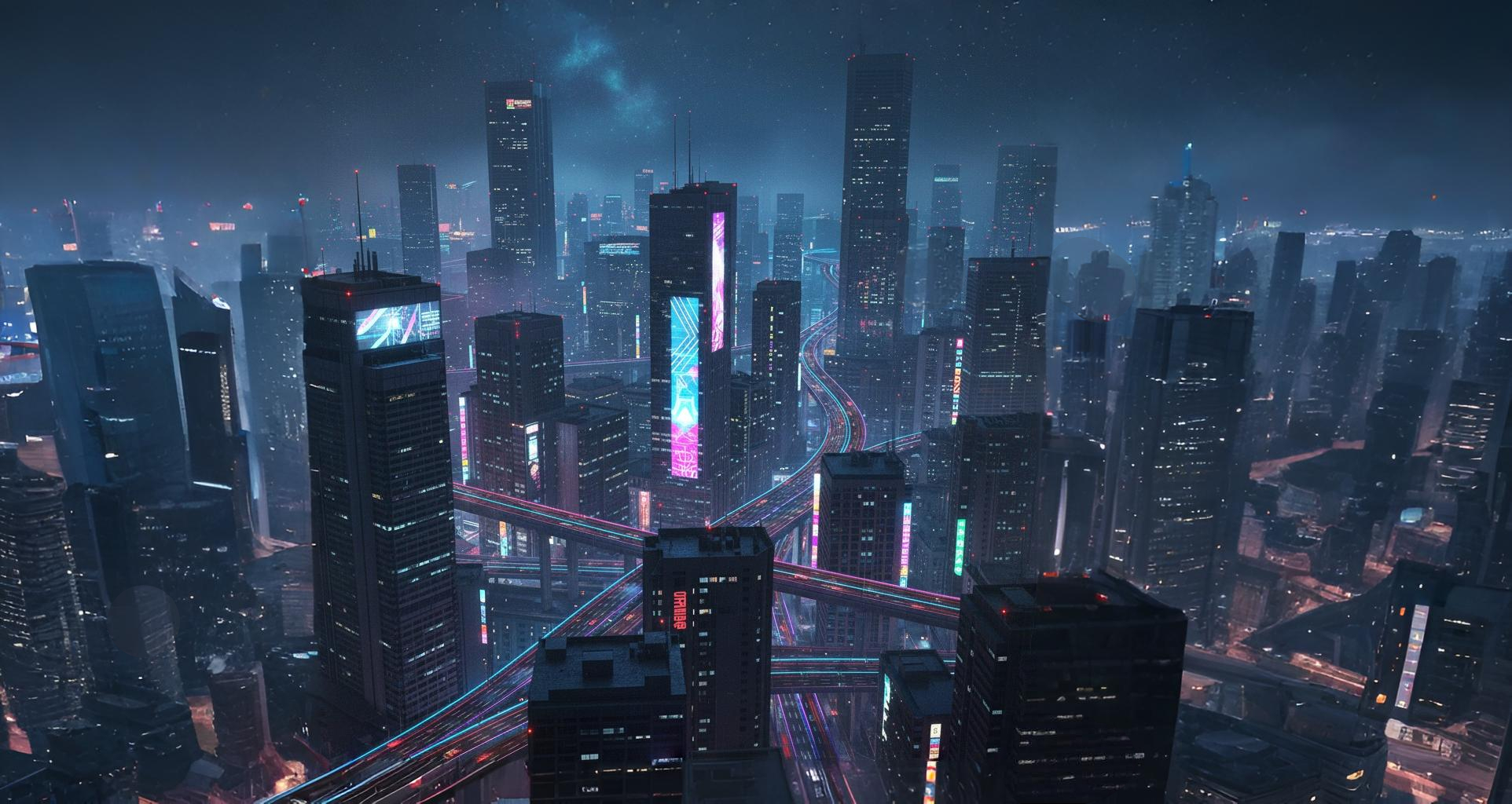 Dark cityscape with neon glow